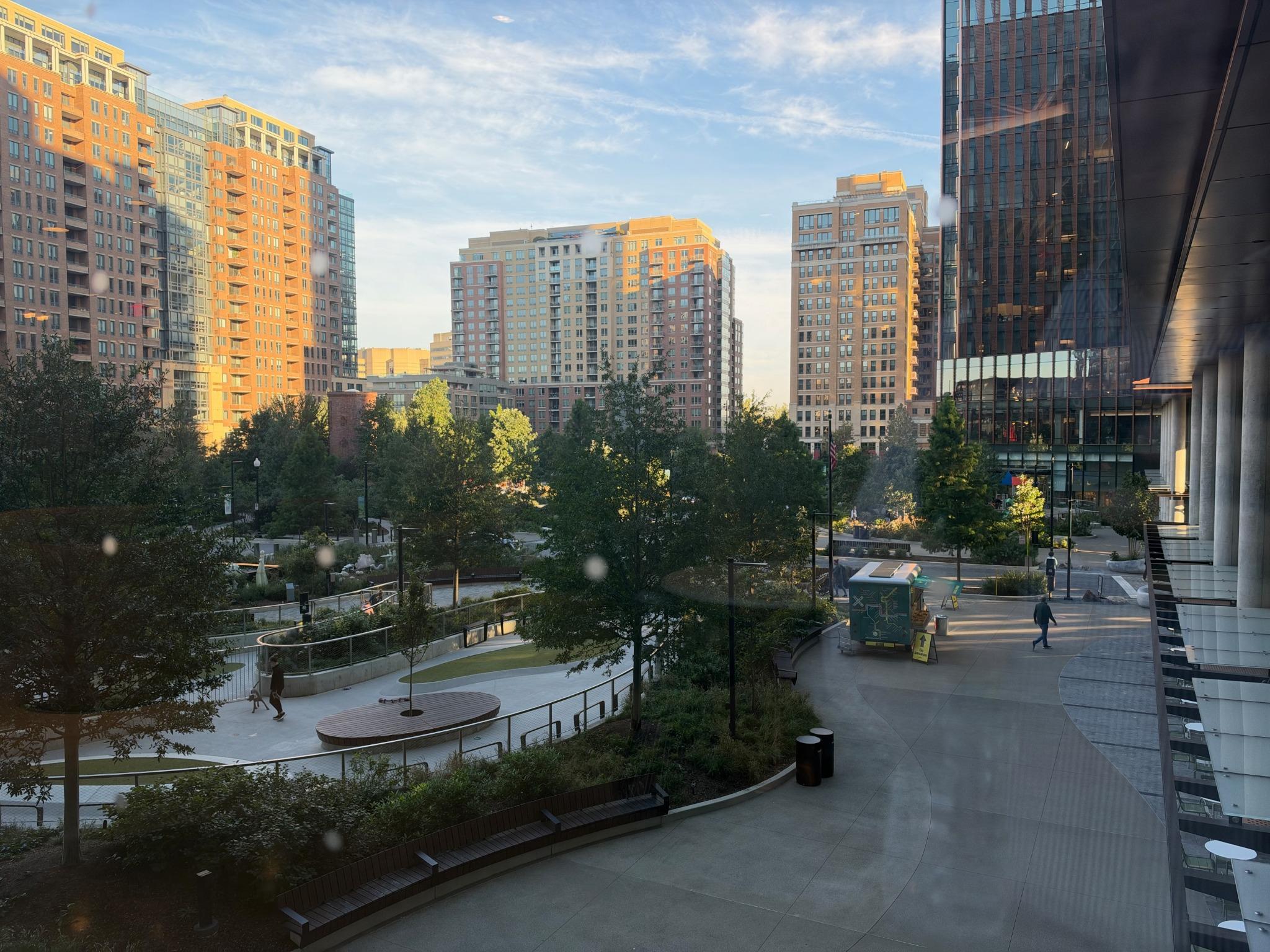 Trees, paths, and buildings at National Landing, viewed from Amazon HQ2.