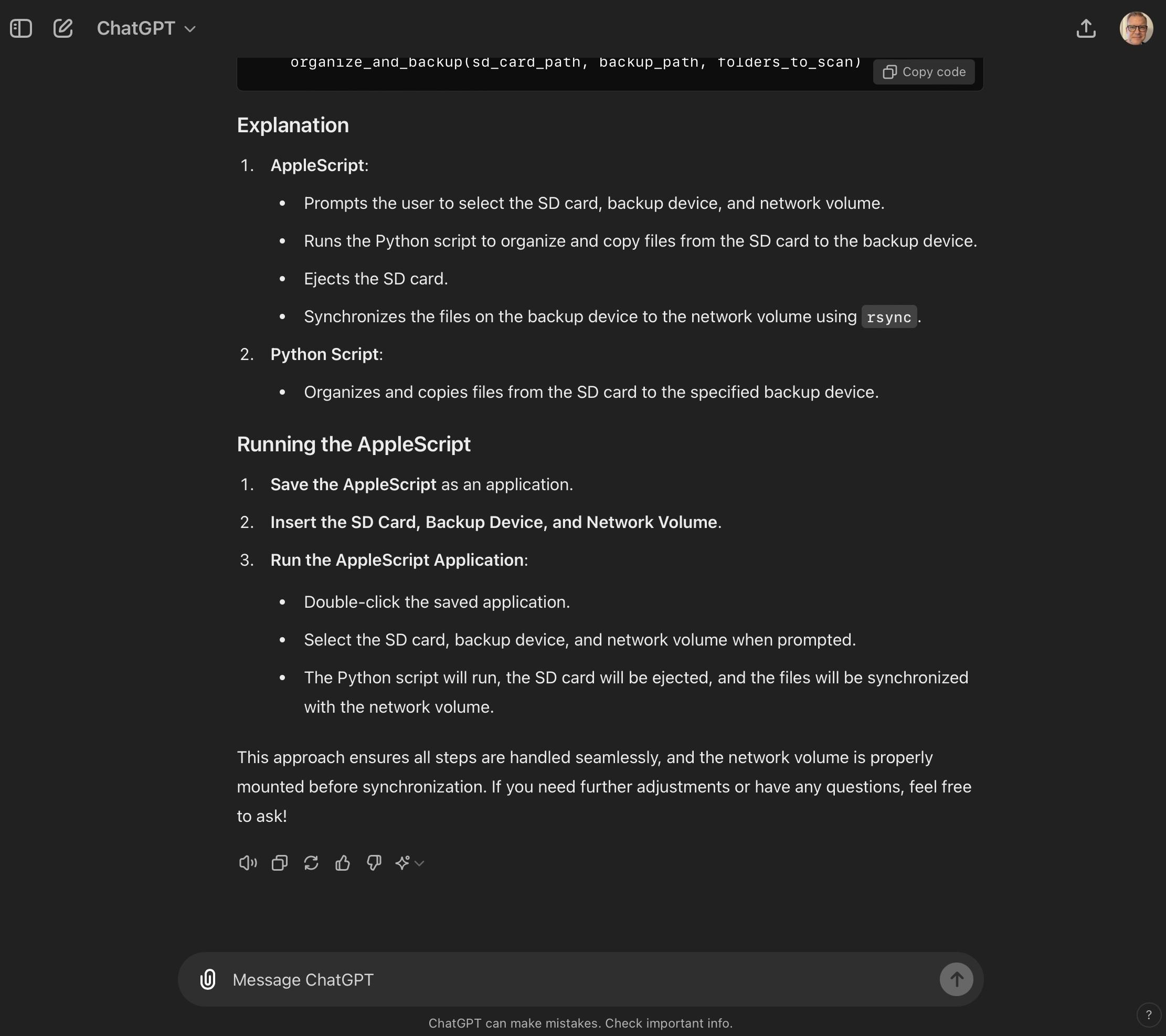 Screenshot: Output from ChatGPT while developing the initial archive script.